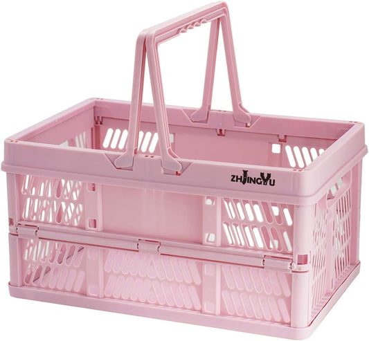 Pink crates for storage,plastic baskets for organizing,14.96" x9.84"x 7.87" collapsible shopping basket,20L foldable crate with Handles,Car Milk Dairy crate for Kitchen,Bathroom,school,office