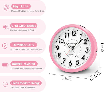 Lamisola Small Desk Clock, Battery Operated Travel Clock, Pink Analog Alarm Clock for Bedroom Home Office Bathroom Kitchen, Silent Large Display- Pink