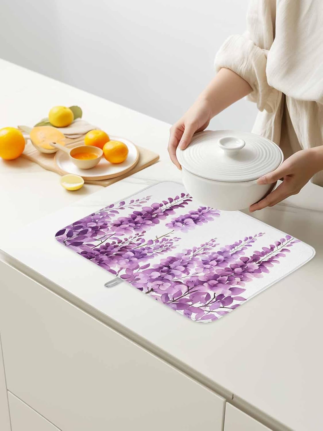 Dish Drying Mat Wisteria Floral Absorbent, Non-Slip Drying Mats Light Pink Leaf Kitchen Counter Mat for Plates, Glasses, Utensils – Quick-Dry Home Decor 2 Pack 16" x 18"