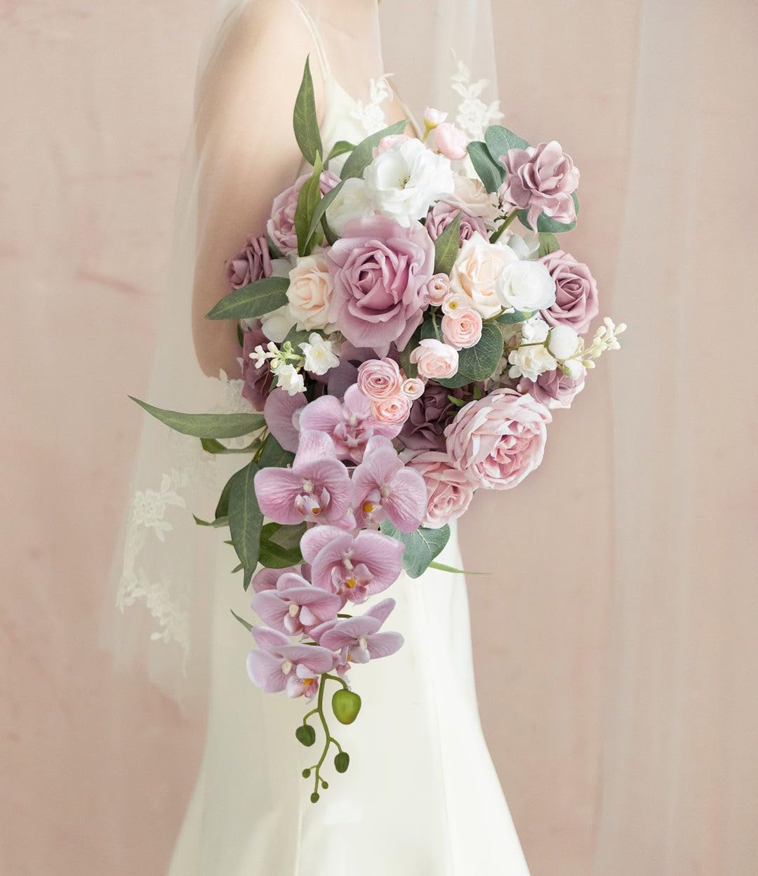 IPOPU Dusty Pink Flowers Glitter Artificial Orchids Flowers 5PCS Faux Orchid Stems Phalaenopsis Branches Floral Centerpieces for Tables Wedding Decorations for Reception (Dusty Pink)