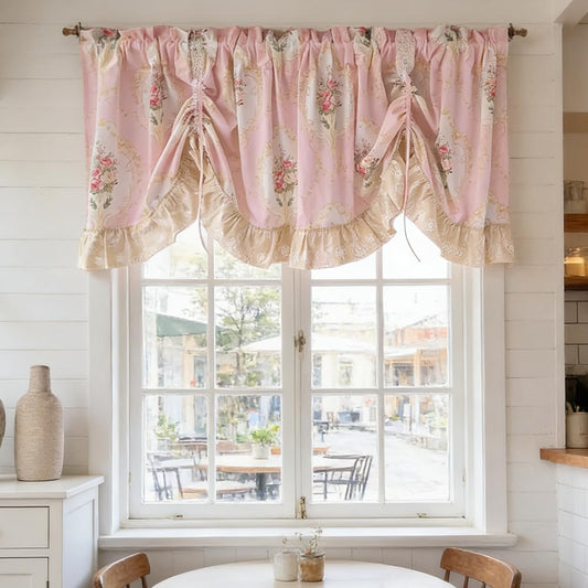Vintage Floral Ruffled Balloon Curtains Pink Semi-Sheer Swag Valance | Adjustable Pull Up Roman Shade Romantic Floral Tier Curtain for Kitchen Sink Cafe Wedding Valentine's Decor Rod Pocket