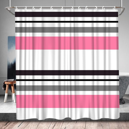 White Grey Pink Stripe Shower Curtain Abstract Geometric Modern Contemporary Simple Fashion Mid Century Bathroom Set Bathtub Accessories Polyester Fabric with Hooks 70Wx78H Inch