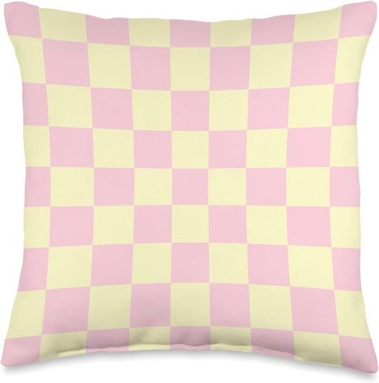 Butter Yellow Pink Checkered Aesthetic Checkerboard Pattern Throw Pillow