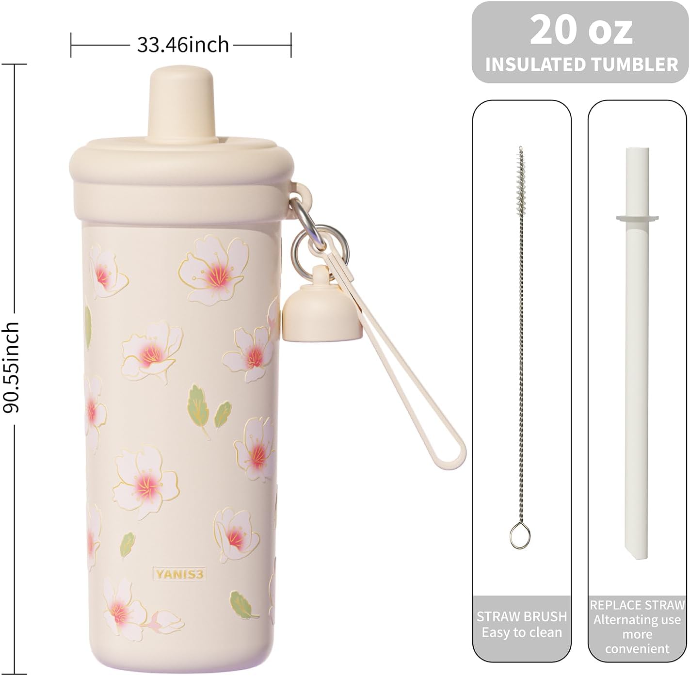 20 oz Thermo Cup with Straw, Thermal Insulated Car Cups with Hand Strap, Stainless Steel Cups with Leak-Proof Lid, Insulated Tumbler Ideal for Office, Travel and Outdoor Use (Peach Blossom)