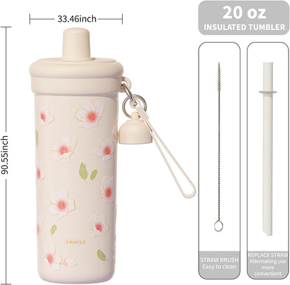 20 oz Thermo Cup with Straw, Thermal Insulated Car Cups with Hand Strap, Stainless Steel Cups with Leak-Proof Lid, Insulated Tumbler Ideal for Office, Travel and Outdoor Use (Peach Blossom)