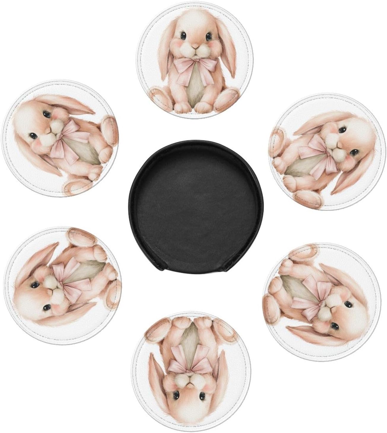 Watercolor Animal Light Pink Bunny Wearing Bow Premium Leather Coasters, Set of 6 with Holder, Stylish Beverage Coasters for Kitchen Coffee Bar