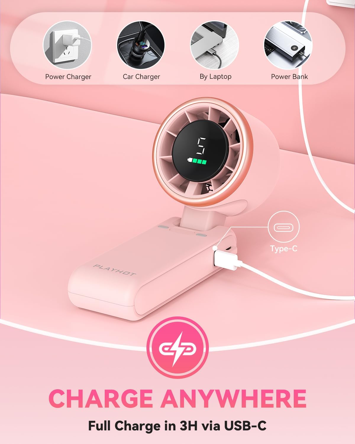 PlayHot Portable Handheld Turbo Fan, 5-Speed Personal Fan, USB-C Rechargeable Fan Up to 12 Hours, 3 IN 1 Hand Fan with Air Turbo Tech Cooling, Travel Fan for Cruise, Beach, Gifts for Women (Pink)