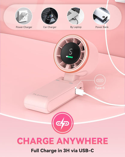 PlayHot Portable Handheld Turbo Fan, 5-Speed Personal Fan, USB-C Rechargeable Fan Up to 12 Hours, 3 IN 1 Hand Fan with Air Turbo Tech Cooling, Travel Fan for Cruise, Beach, Gifts for Women (Pink)