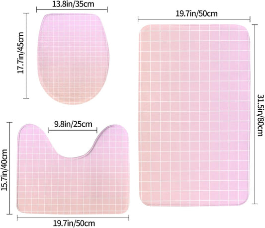 Bathroom Rugs Sets 3 Piece - Light Pink Ombre Grid Print Absorbent Non Slip Washable Bath Mats, U-Shape Toilet Lid Cover, Contour Mat, Soft Shower Mats Bath Rug Mat for Bathroom Tub Toilet