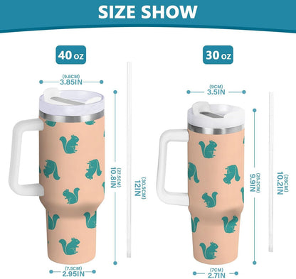 40 oz tumbler with handle and straw Blue Squirrel Pattern on Peach Stainless Steel Tumbler Leakproof Water Bottle Vacuum Insulated Cups With Lid Travel Mug For Car Cup Holder,