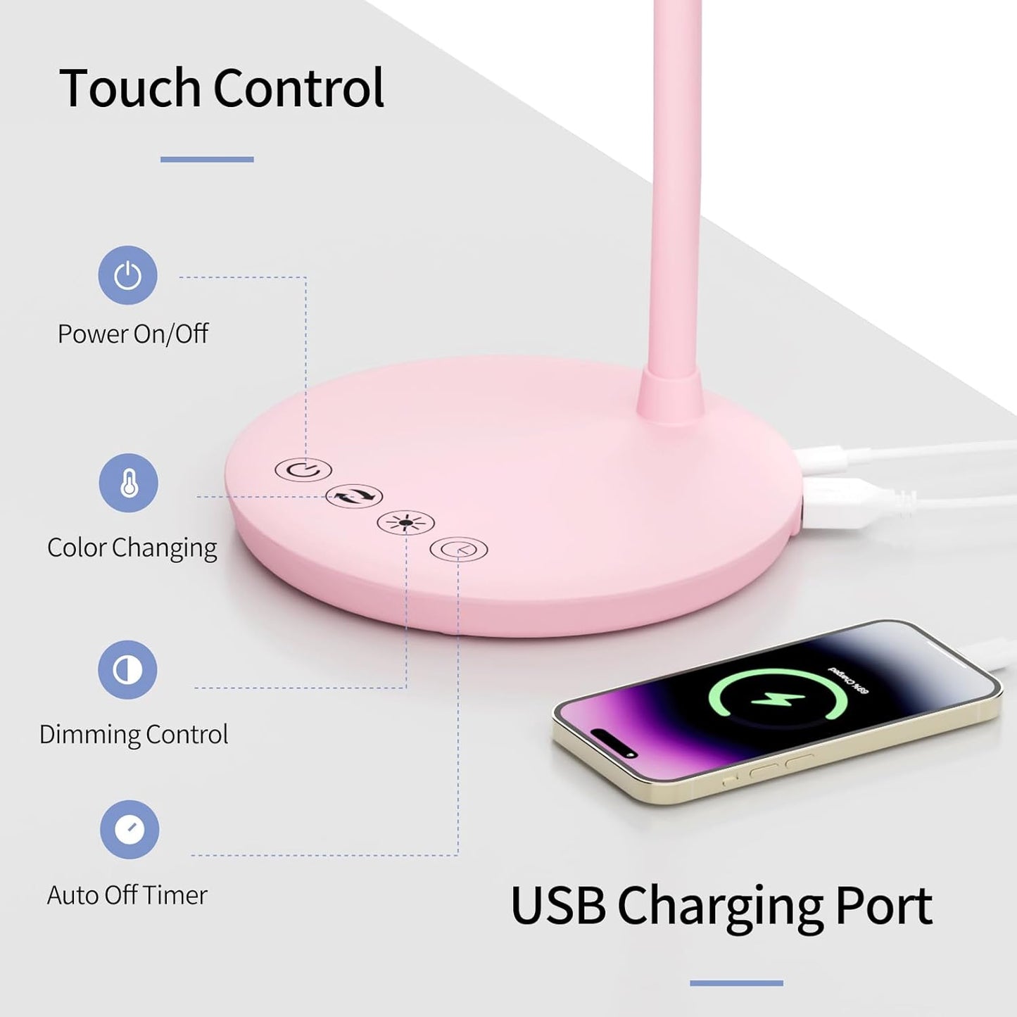 AXX TU08 Pink Cute Desk Lamp with USB Charging Port, 650 Lumens 3-Color Modes, 5-Touch Dimming, 30/60-Minute Timer, 18-Inch LED Small Table Light for Kids Teen Girls, College Dorm Room Essentials