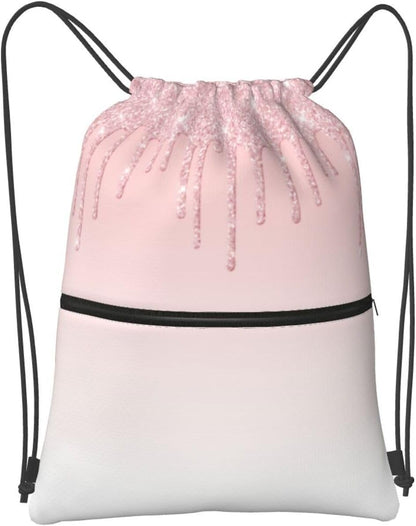 Pink Glitter Drip Drawstring Backpack, Gym Swim Bag Cinch Bag For Women Men With Zipper Pocket