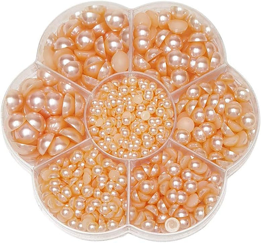 Chenkou Craft Around 1900pcs Peach Assorted 7 Sizes Half Pearl Bead Flat Back Gem Scrapbook Craft DIY Loose Beads + Plastic Box (Peach)