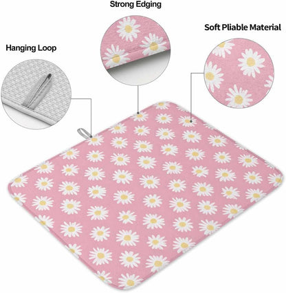 White Daisy Floral Drying Mats for Kitchen Counter, Light Pink Microfiber Absorbent Dish Drainer/Rack Mat,Reversible Hangding Quick Drying kitchen Decor,18x24 Machine Washable