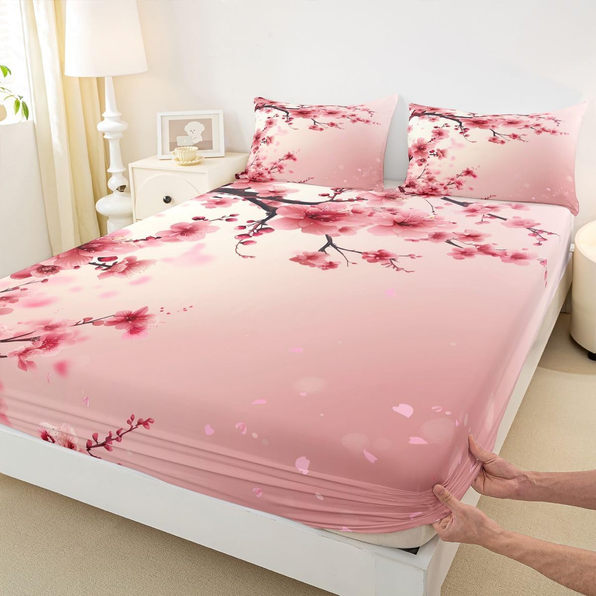 Cherry Bloosom Fitted Sheet Queen Size 3 Pcs,Pink Peach Blossom Bedding Set for Girls Women Adults,Wild Watercolor Flowers Romantic Bed Cover with 2 Pillowcases(No Top Sheet)