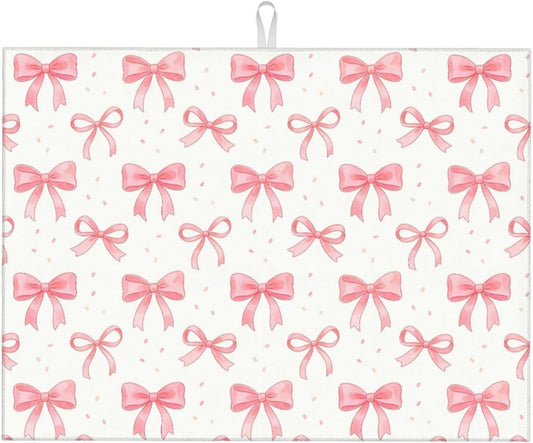 Bow Dish Drying Mat, for Kitchen Counter Microfiber Absorbent, Pink Cute Dish Draining Mat Extra Large 18"x24"