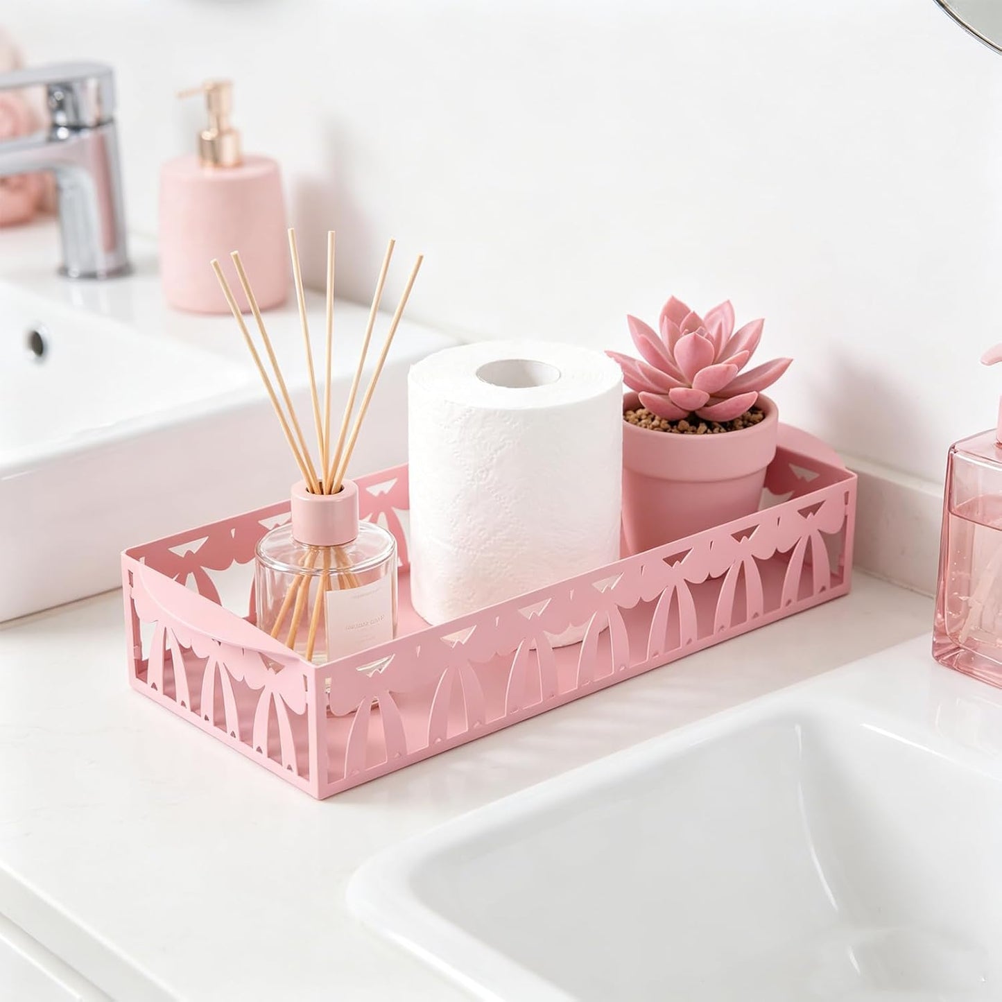 Pink Bow Metal Toilet Paper Basket,12.6x5.9 Inches Cute Toilet Tank Paper Holder with Handle Bathroom Restroom Storage Tray