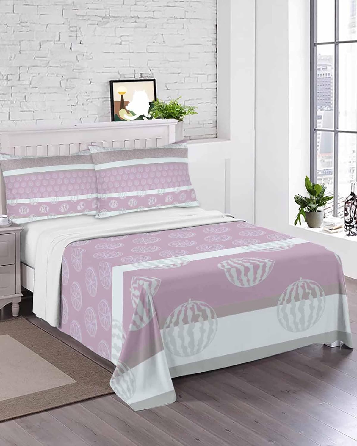 Twin XL Size Flat Sheet Only, Farm Fruits Soft Brushed Microfiber Bed Sheets, Watermelon Lemons Peach Pink Grey Striped Hotel Quality Breathable Bedding Top Sheet, Easy Care, 66"x102"