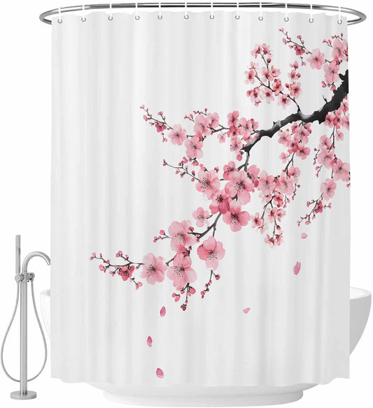 T&H XHome Spring Shower Curtain Cherry Blossom Watercolor Pink Shower Curtains for Bathroom Polyester Waterproof Fabric Cloth Home Bathtub Decor with Hooks 72x84 Inch