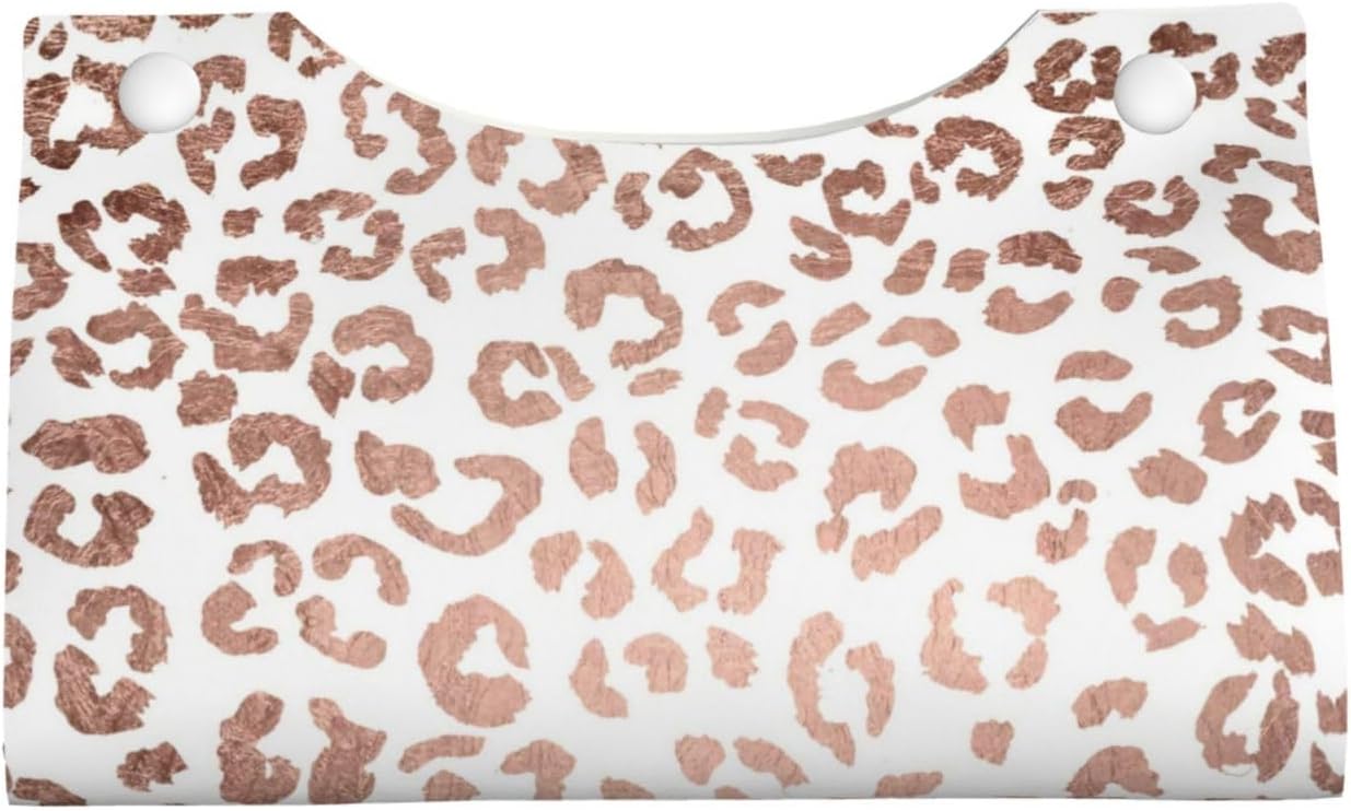 Stylish Hand Drawn Rose Gold Leopard Print Tissue Box Cover Rectangle PU Leather Facial Case Paper Holder Organizer for Decor Bathroom Vanity Countertop Bedroom Dresser Night Stand Desk Car Office