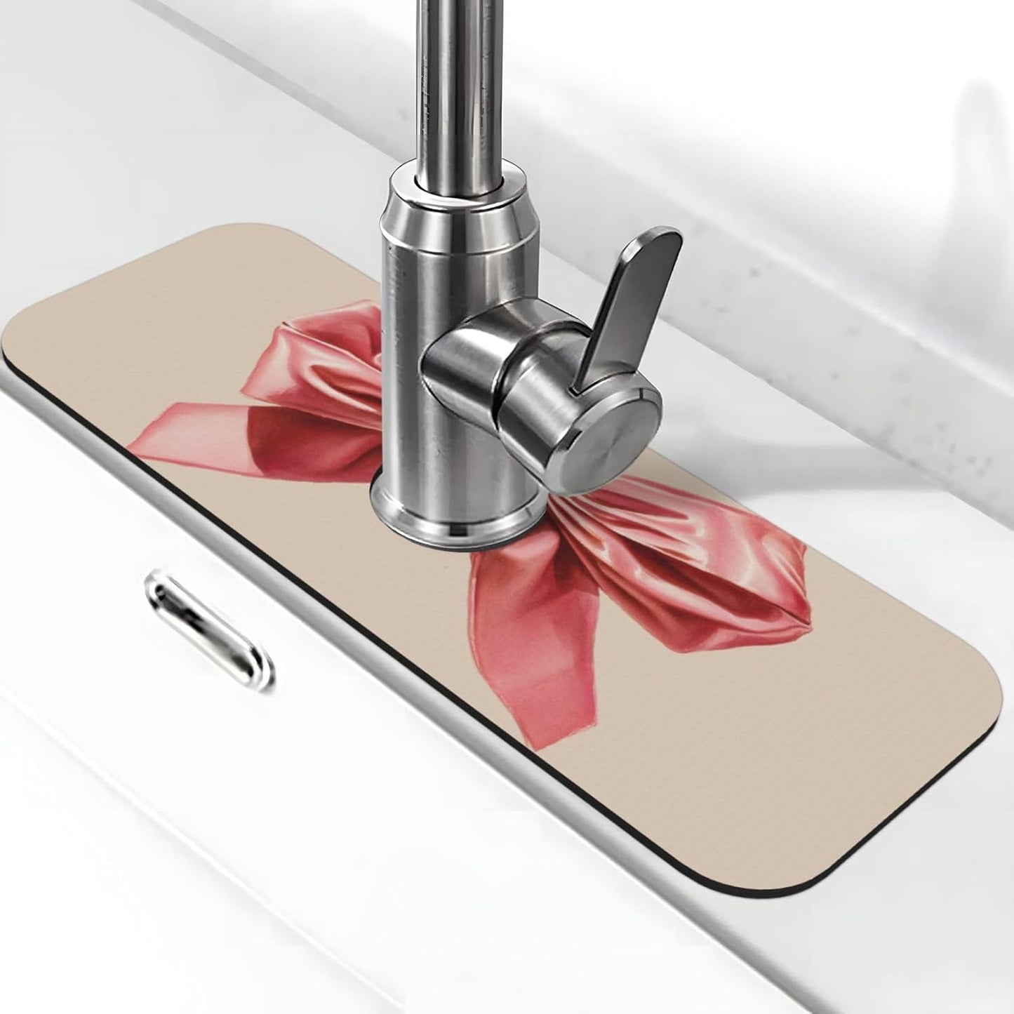 Watercolor Pink Velvet Bow On Light Beige Faucet Mat Splash Guard, Absorbent Quick-Dry Kitchen Sink Mat,Ideal For Splash Guard Drip Catching