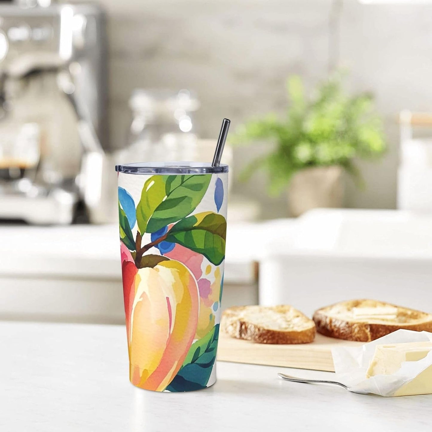 Colorful Peach Watercolor 20oz Tumbler Stainless Steel Insulated Travel Tumblers Leakproof Travel Coffee Mug With Lid And Straw Water Bottle Drink Tumbler Cups Gifts For Women Men Lovers