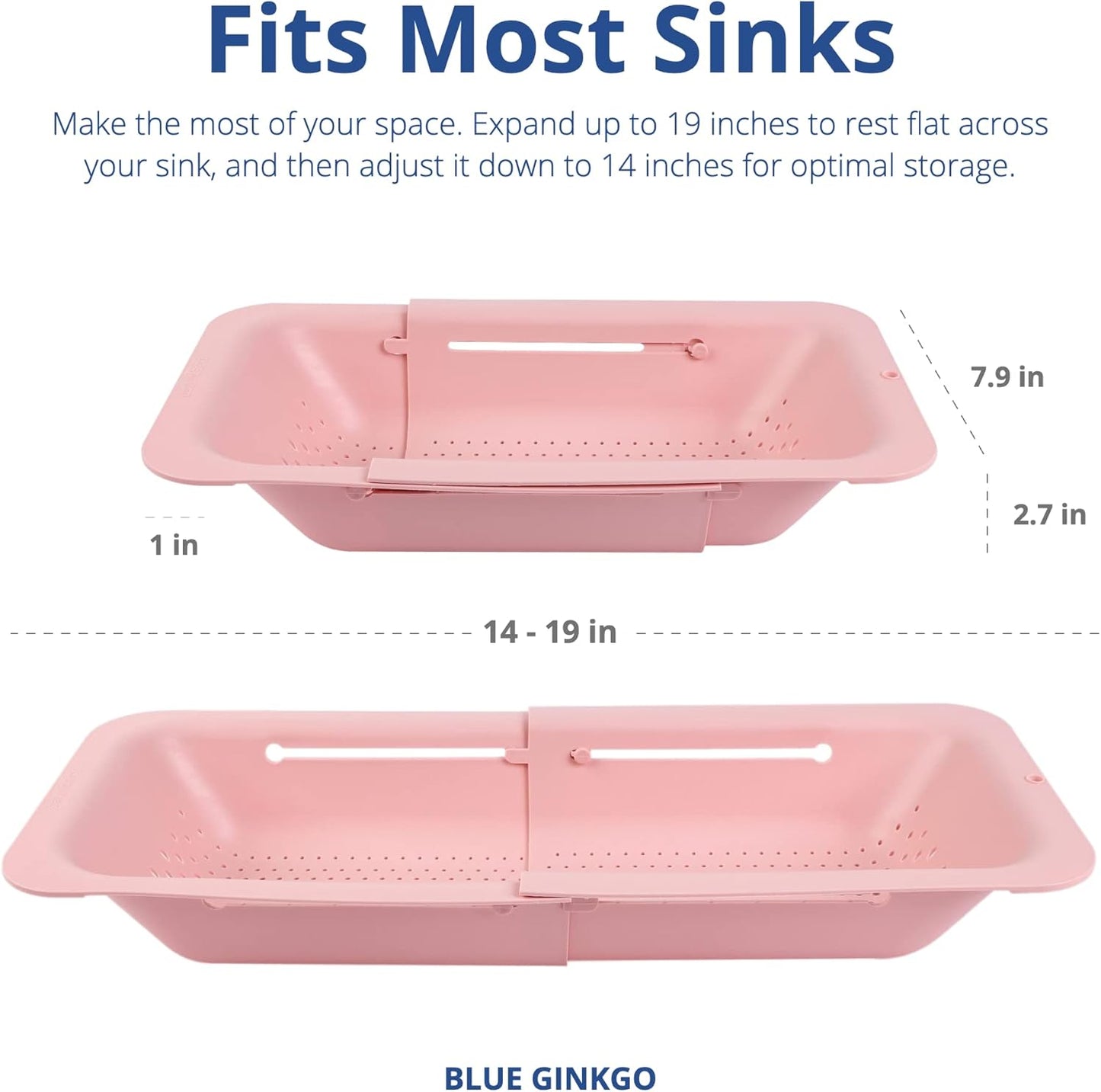 BLUE GINKGO Over the Sink Colander Strainer Basket - Wash Vegetables and Fruits, Drain Cooked Pasta and Dry Dishes - Extendable - New Home Kitchen Essentials (Pink, 2 Pack)