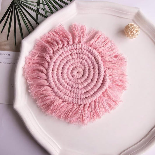 Boho Coasters Set of 2, Cute & Absorbent Drink Coasters for Mugs and Cups, Handmade Woven Macrame Cotton Coaster Pad, Home Decor Table Mat Housewarming Gift (Blush Pink)