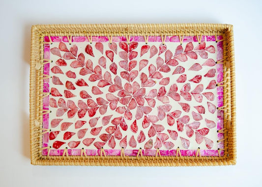 Magenta & Teal Decorative Rectangle Rattan Serving Tray 13x9 inch Mother of Pearl Inlay, Wicker Coffee Table Decor, Farmhouse (Pink Flower)