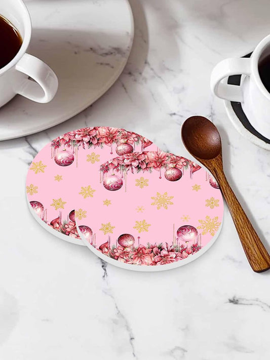 Christmas Flowers Coaster Set of 4 Light Ball Winter Snowflake Pink Drink Coasters with Holder Absorbent Ceramic Coaster for Table Dining Cup Mat for Kitche Cafe Bar Warming Gifts 4 Inches