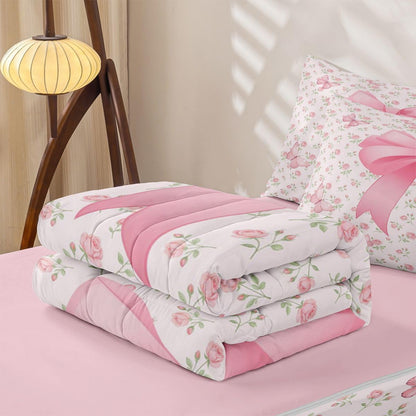 Feelyou Cute Bow Comforter Set Queen Size Zipper Bedding Set for Girls Boys Floral Butterfly Comforter with Fitted Sheet, Pillowcases Flower Pink Zipper Bedding Soft Breathable Bed in a Bag