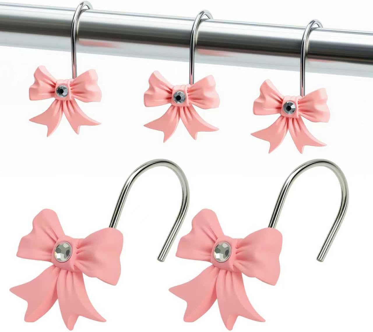 12 Pcs Pink Bow Shower Curtain Hooks, Pink Shower Curtain Hooks for Bathroom and Bedroom Decoration, Cute and Rustproof, Girls Bathroom Decor