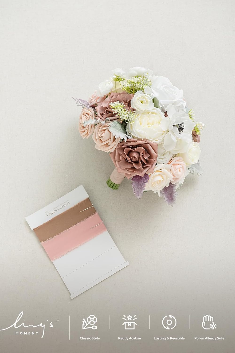 Ling's moment Dusty Rose Bridal Bouquet for Bride, Blush Pink Wedding Bouquets for Bride, 13 Inch Silk Round Artificial Wedding Flowers Bouquets