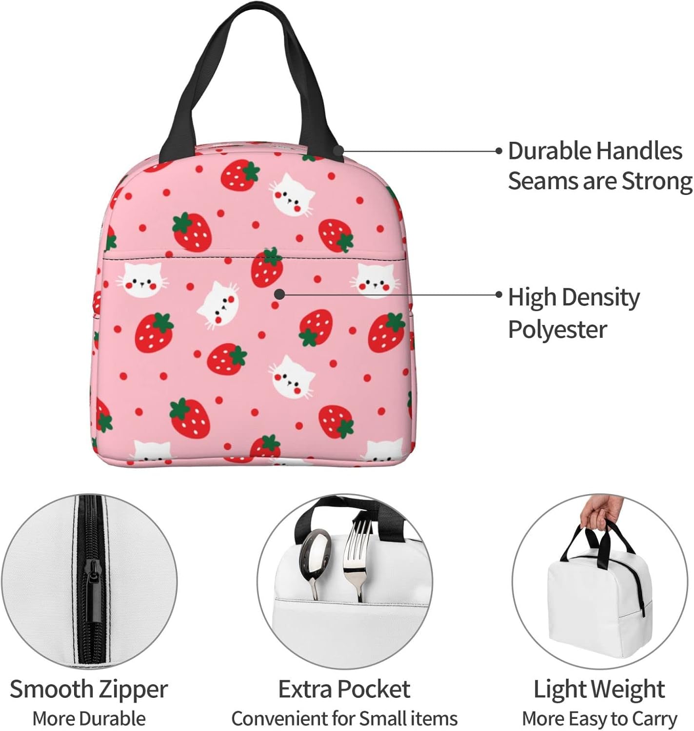 Strawberry Insulated Lunch Bags with Pocket Reusable Freezable Lunch Box Pink