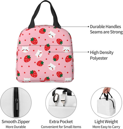 Strawberry Insulated Lunch Bags with Pocket Reusable Freezable Lunch Box Pink