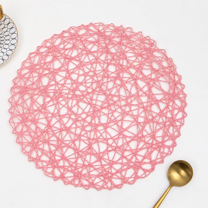 IcosaMro Pink Round Placemats Set of 12 for Dining Table, 13 Inches Paper Woven Boho Small Decorative Circle Place Mat for Wedding Christmas Thanksgiving Day Holiday Dinner, Pink