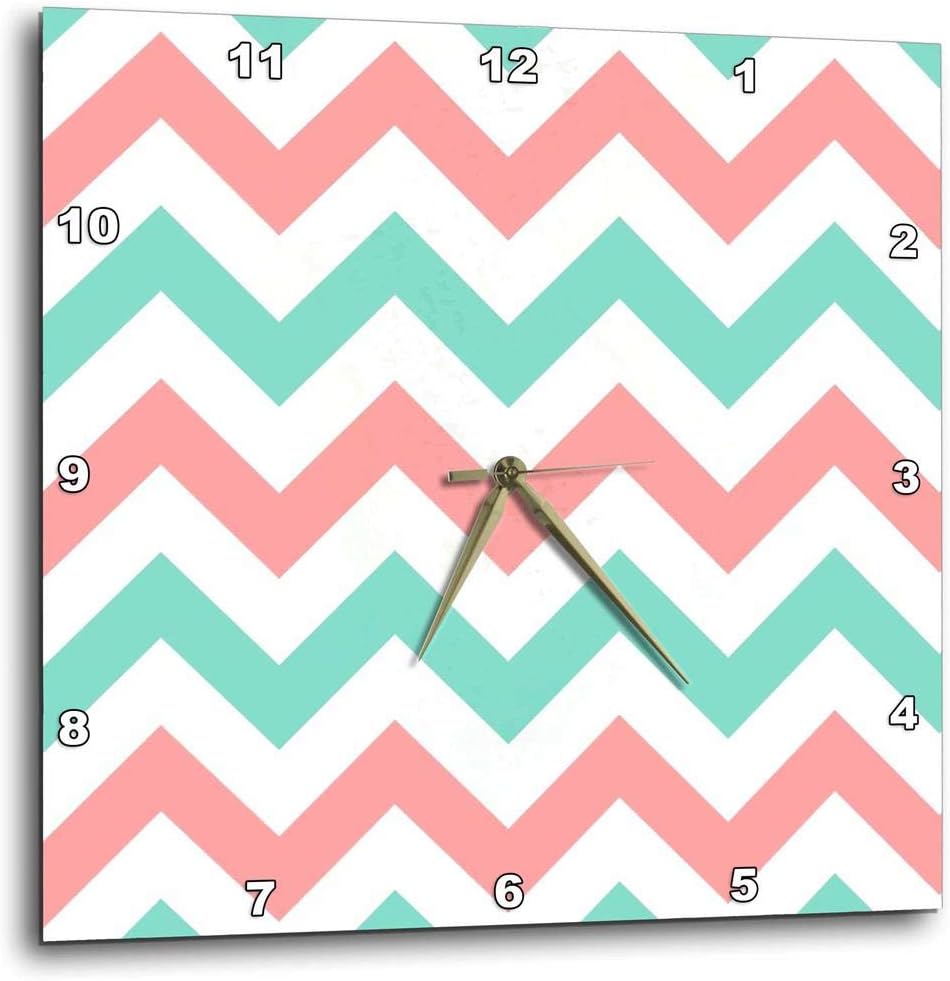 3dRose Wall Clock Silent - 10 inch - Coral Pink and Turquoise Chevron Zig zag Pattern - Teal Zigzag Stripes - Chevron Patterns