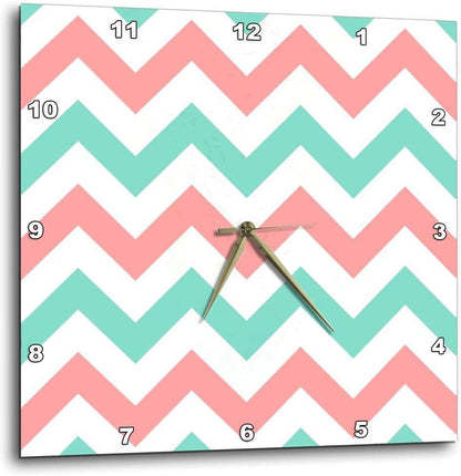 3dRose Wall Clock Silent - 10 inch - Coral Pink and Turquoise Chevron Zig zag Pattern - Teal Zigzag Stripes - Chevron Patterns