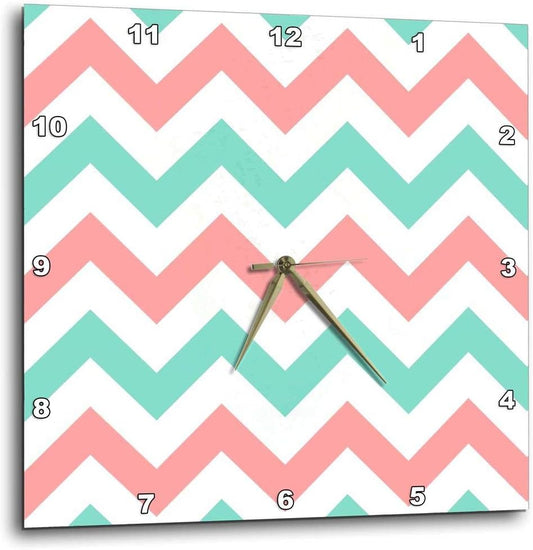 3dRose Wall Clock Silent - 10 inch - Coral Pink and Turquoise Chevron Zig zag Pattern - Teal Zigzag Stripes - Chevron Patterns