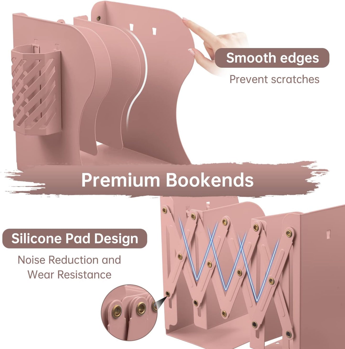 Adjustable Bookends, Metal Bookends for Heavy Books, Shelves, 2 Dividers, Expandable Book Organizer with Pen Holder for Desk, Office (19 inches Max) for 6 7 8 9-15 Boys, Girls, Pink