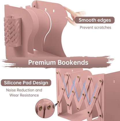 Adjustable Bookends, Metal Bookends for Heavy Books, Shelves, 2 Dividers, Expandable Book Organizer with Pen Holder for Desk, Office (19 inches Max) for 6 7 8 9-15 Boys, Girls, Pink