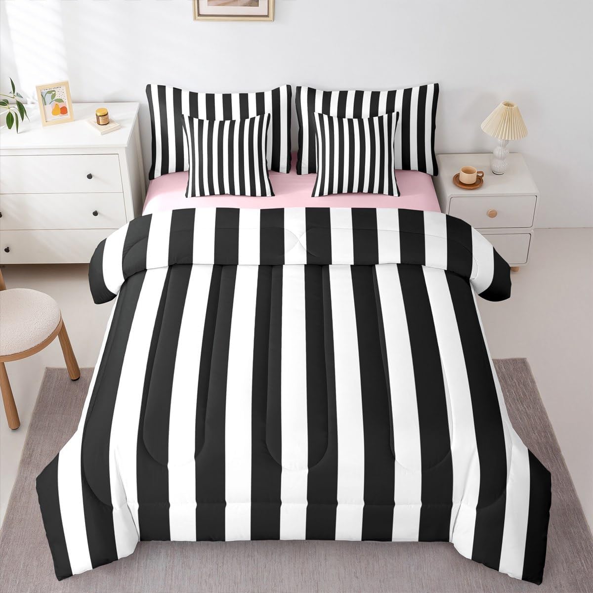 Erosebridal Black and White Striped Queen Comforter Set | Striped Bed in a Bag with Flat and Fitted Sheet Pink and Black 7-Piece Bedding Set for Kids Teens Adults Cute Pinstripe Girls Quilt Duvet Sets