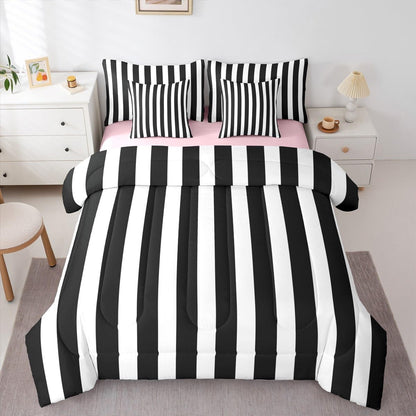 Erosebridal Black and White Striped Queen Comforter Set | Striped Bed in a Bag with Flat and Fitted Sheet Pink and Black 7-Piece Bedding Set for Kids Teens Adults Cute Pinstripe Girls Quilt Duvet Sets