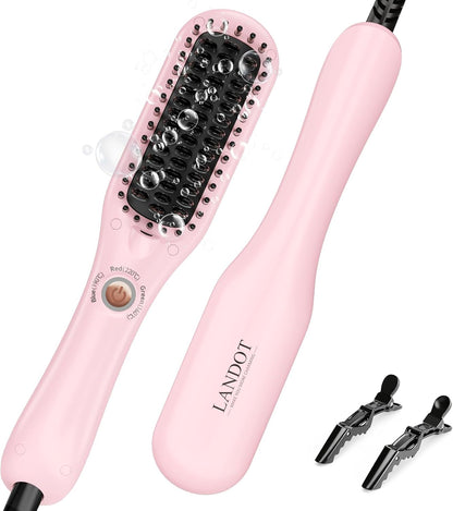 LANDOT Mini Hair Straightening Brush – Portable Heated Ionic Straightener Brush for Short to Medium Hair, 30s Fast Heat, Lightweight Hot Comb for Travel, Blush Pink