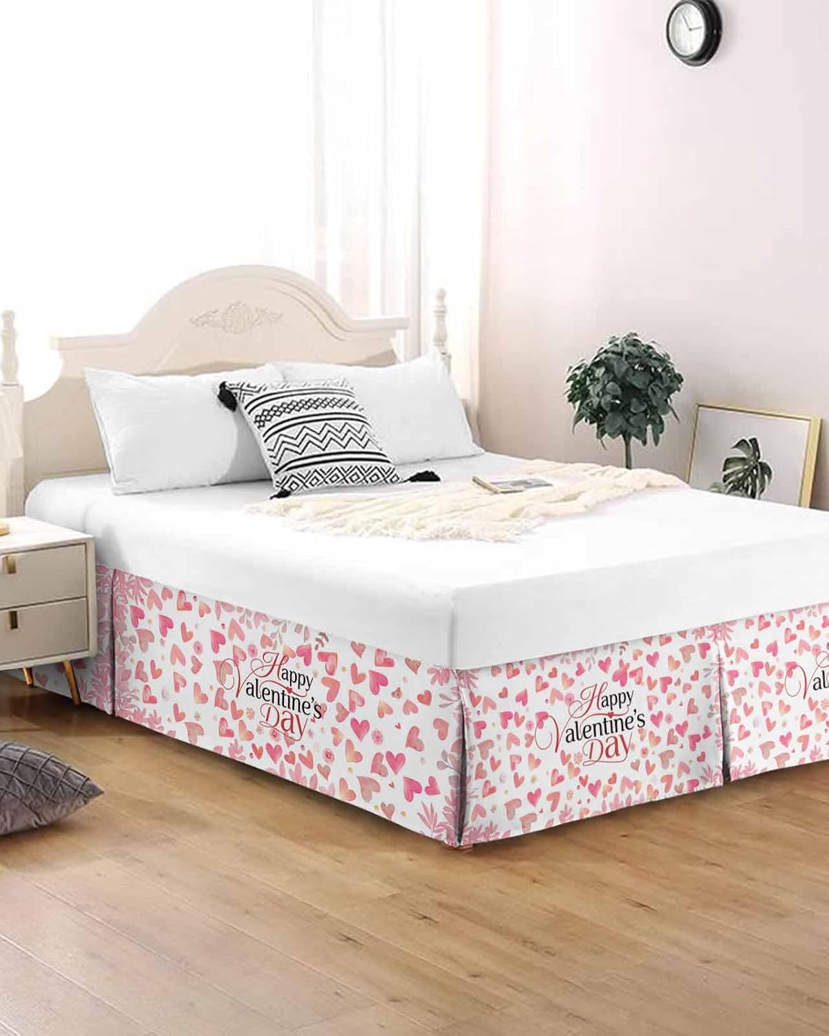 Valentine's Day Bed Skirt Queen Size 16 Inch Drop with Split Corners, Dust Ruffled Pleated Bed Skirts Wrap Around Tailored Bedding Skirt Valance for Bedroom Peach Pink Love Floral Modern Romantic