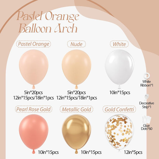 Peach Balloon Arch, Peach Balloons 125pcs with Pastel Orange Nude White Pearl Rose Gold Metallic Gold Confetti Balloons for Boho Baby Shower Bridal Wedding Mothers Day Birthday Party Decorations
