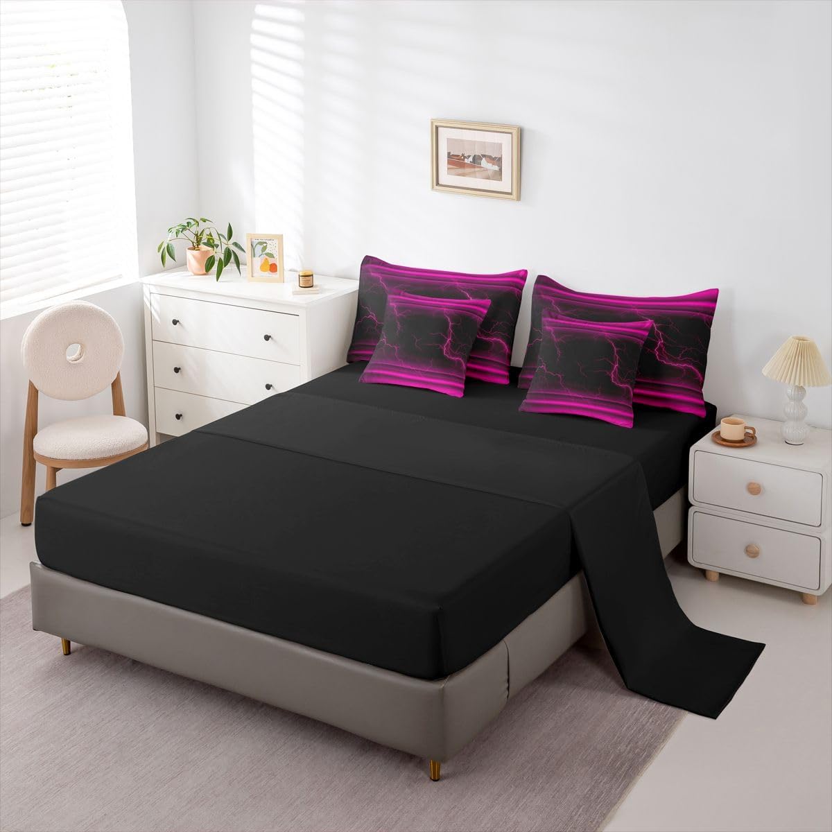 Erosebridal Black Pink Neon Light Girls 7 Piece Bedding Set Twin | Ombre Lightning Pattern Comforter Set with Sheets Abstract Aesthetic Bed in A Bag Modern Art Bed Sets