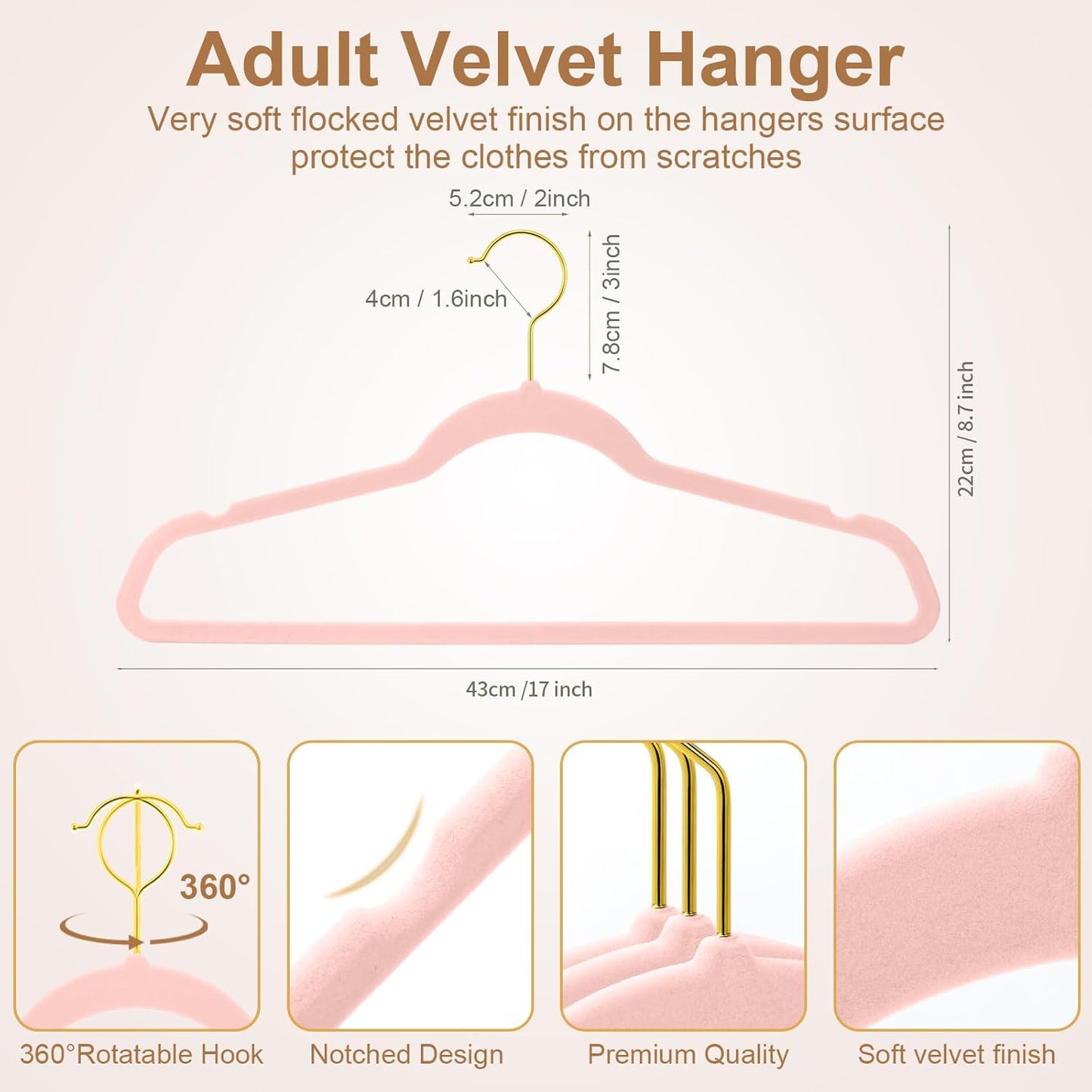 TIMMY 36-Pack Velvet Hangers with Gold Hooks - Space-Saving Non-Slip Heavy-Duty Clothes Hangers for Coats, Suits, Dresses, and Sweaters - Slim Design (Blush Pink+Gold)
