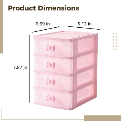 4-Layer Pink Desktop Drawer Organizer, Lovely Pink Storage Box 7.9x6.7x5.1 in, Multi-Layer Stackable Makeup Organizer with Transparent Panel, Bow Handles for Desk Organization