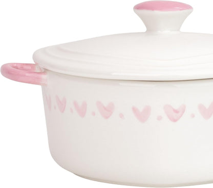 10 Strawberry Street Heart Mini Cocotte Lidded Ramekins, Set of 2, Ceramic Souffle & Baking Dishes, Mini Dutch Oven (Pink Hearts)